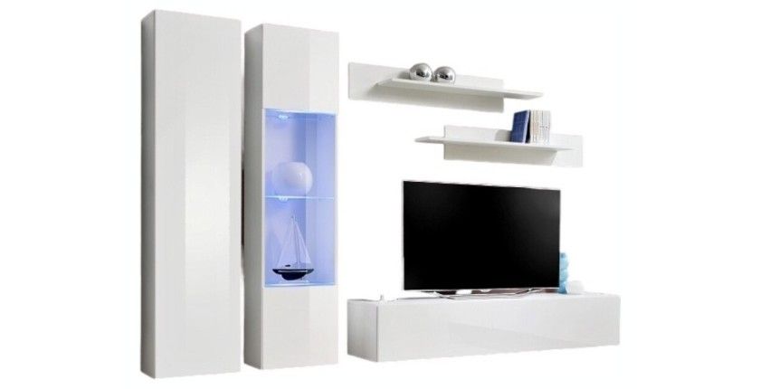 Meuble TV FLY A5 design, coloris blanc brillant + LED. Meuble suspendu moderne et tendance pour votre salon.