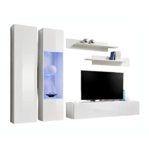 Meuble TV FLY A5 design, coloris blanc brillant + LED. Meuble suspendu moderne et tendance pour votre salon.