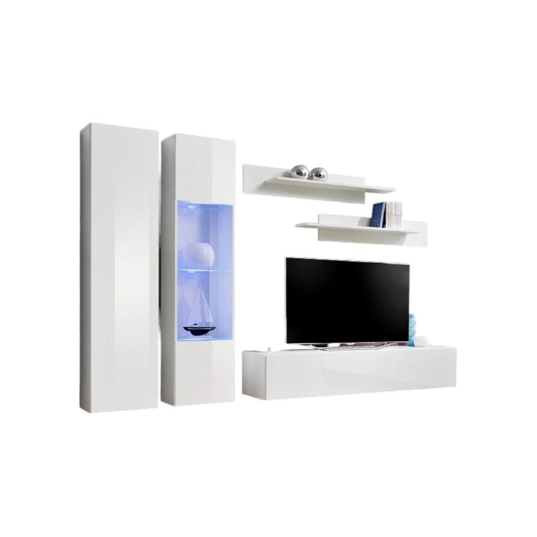 Meuble TV FLY A5 design, coloris blanc brillant + LED. Meuble suspendu moderne et tendance pour votre salon.