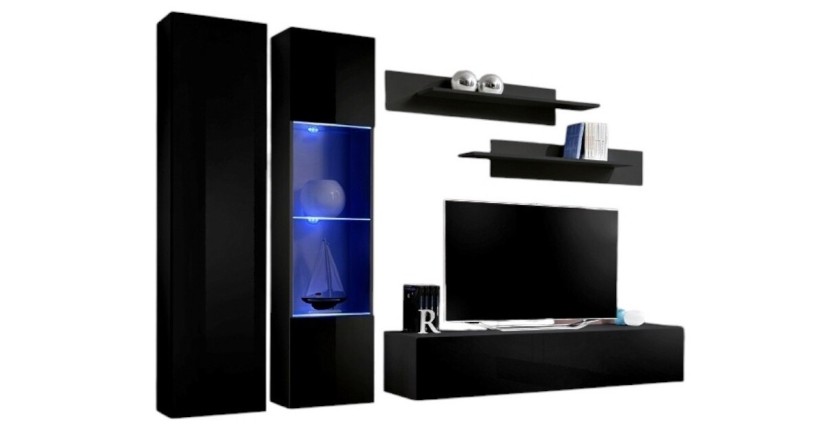 Meuble TV FLY A5 design, coloris noir brillant + LED. Meuble suspendu moderne et tendance pour votre salon.