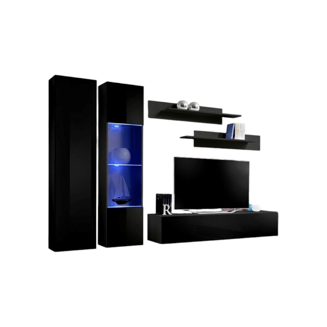 Meuble TV FLY A5 design, coloris noir brillant + LED. Meuble suspendu moderne et tendance pour votre salon.