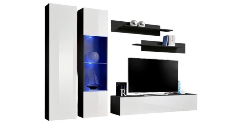 Meuble TV FLY A5 design, coloris noir et blanc brillant + LED. Meuble suspendu moderne et tendance pour votre salon.