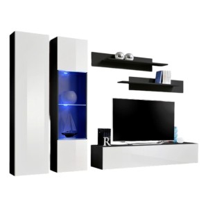 Meuble TV FLY A5 design, coloris noir et blanc brillant + LED. Meuble suspendu moderne et tendance pour votre salon.