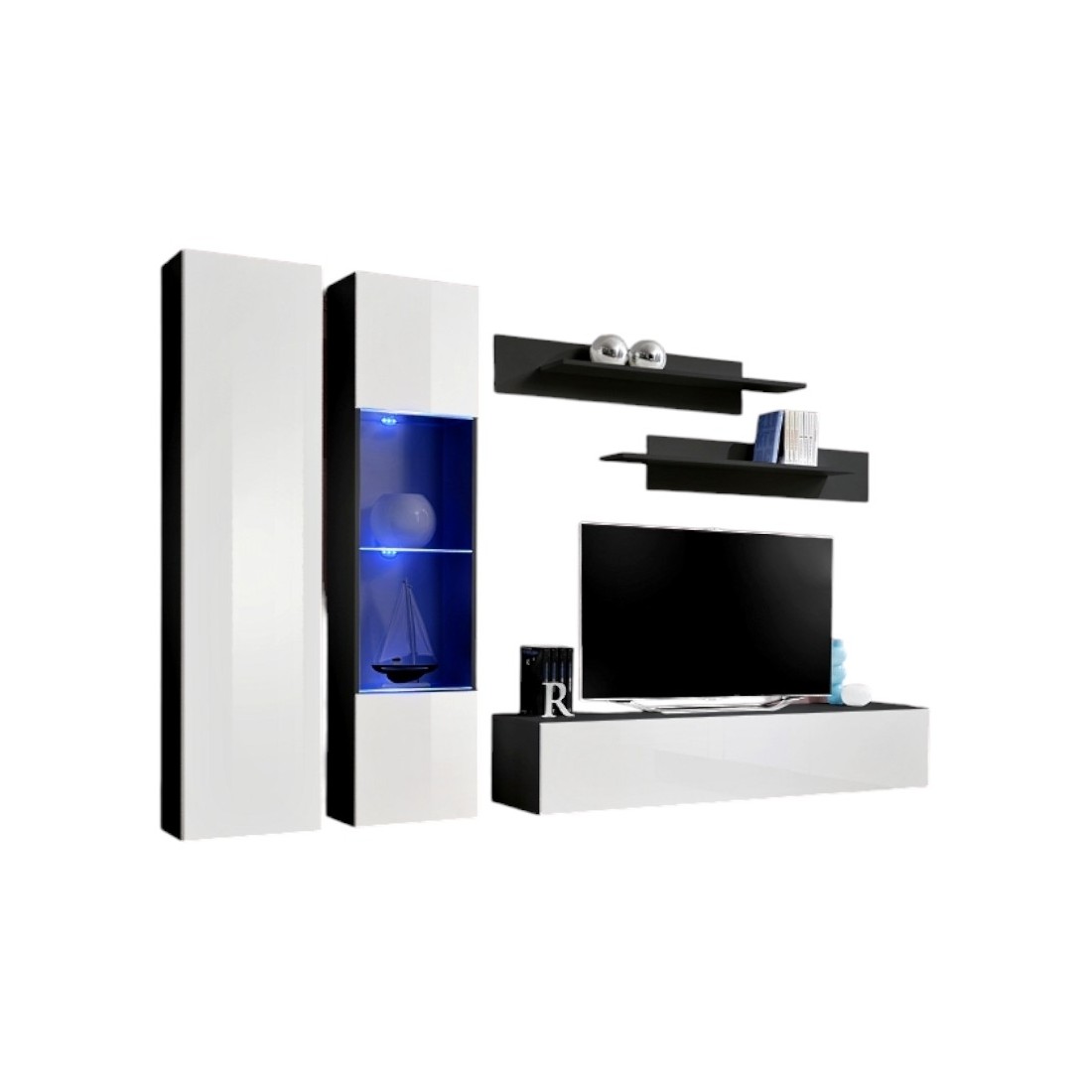Meuble TV FLY A5 design, coloris noir et blanc brillant + LED. Meuble suspendu moderne et tendance pour votre salon.