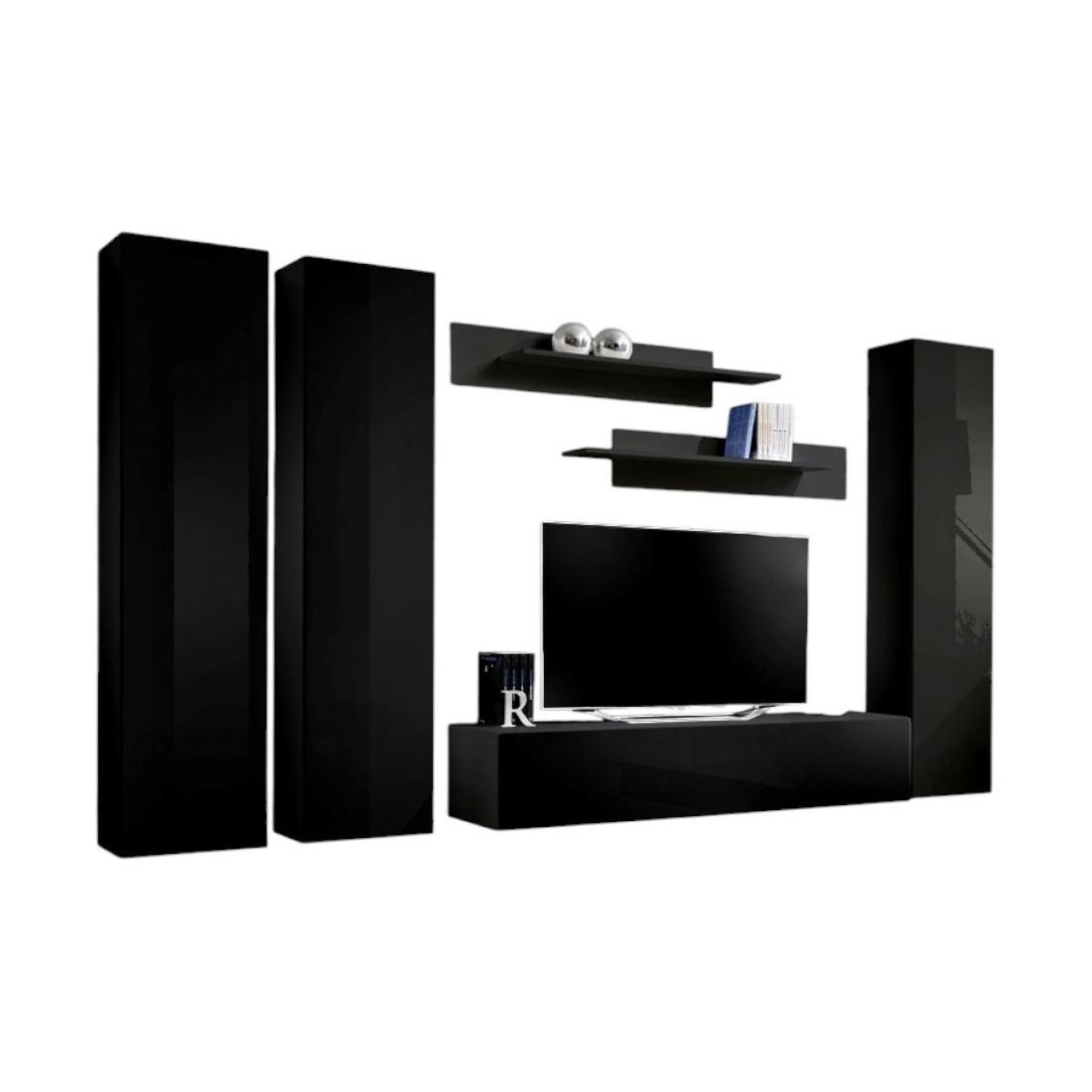 Meuble TV FLY design, coloris noir brillant. Meuble suspendu.