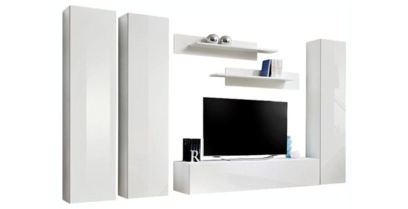 Meuble TV FLY C1 design, coloris blanc brillant. Meuble suspendu moderne et tendance pour votre salon.