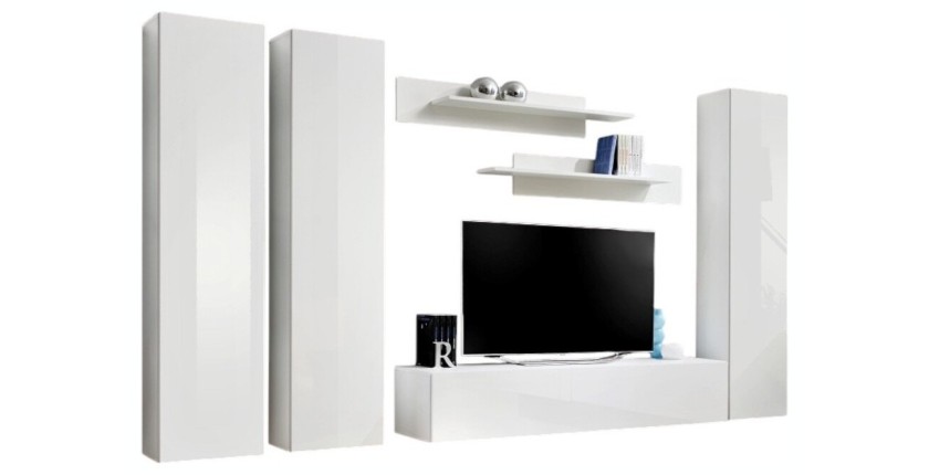 TV-Möbel FLY C1 Design, in glänzendem Weiß. Modernes und trendiges Hängemöbel für Ihr Wohnzimmer.