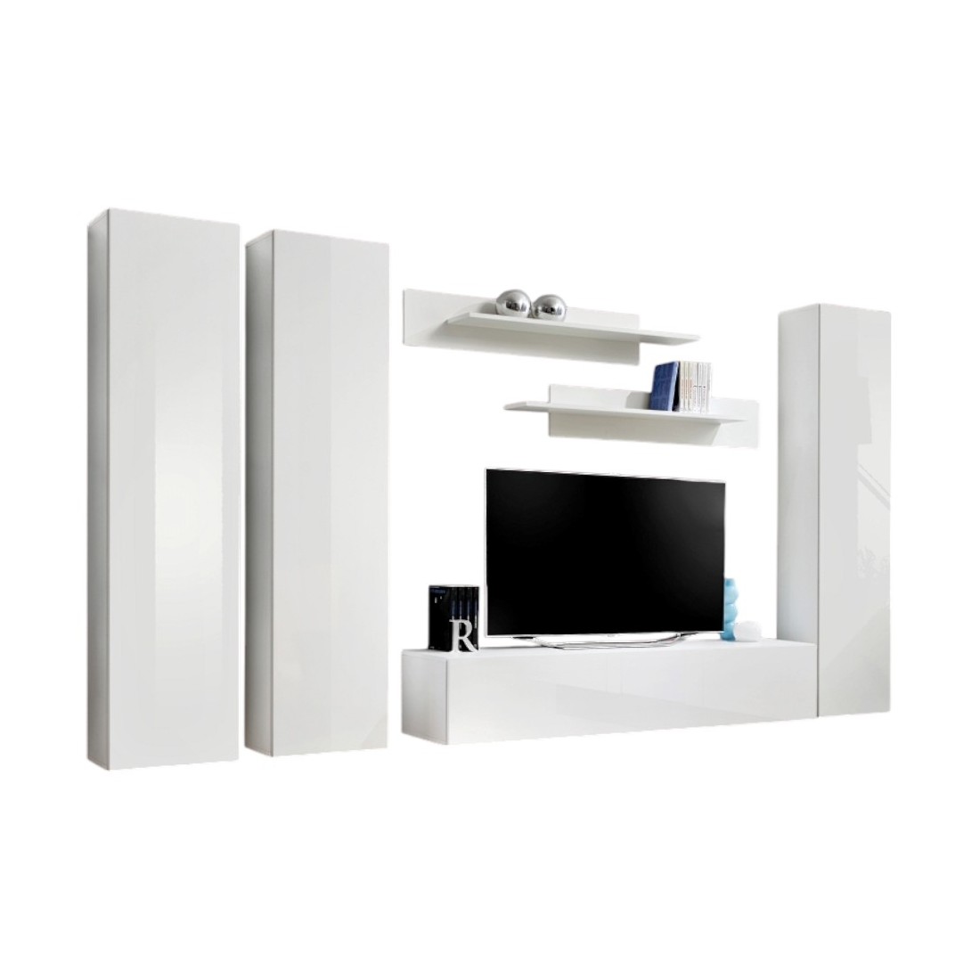 TV-Möbel FLY C1 Design, in glänzendem Weiß. Modernes und trendiges Hängemöbel für Ihr Wohnzimmer.