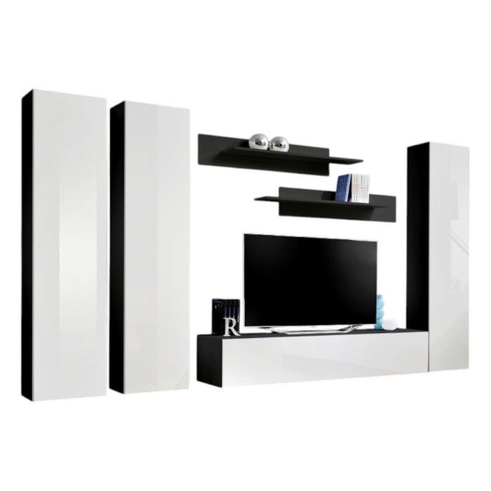 Meuble TV FLY C1 design, coloris noir et blanc brillant. Meuble suspendu moderne et tendance pour votre salon.