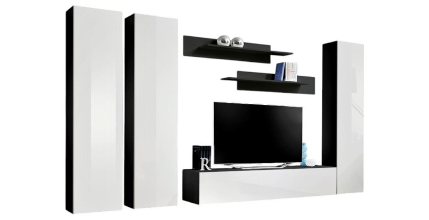 Meuble TV FLY C1 design, coloris noir et blanc brillant. Meuble suspendu moderne et tendance pour votre salon.