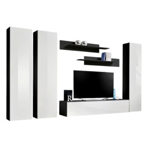Meuble TV FLY C1 design, coloris noir et blanc brillant. Meuble suspendu moderne et tendance pour votre salon.