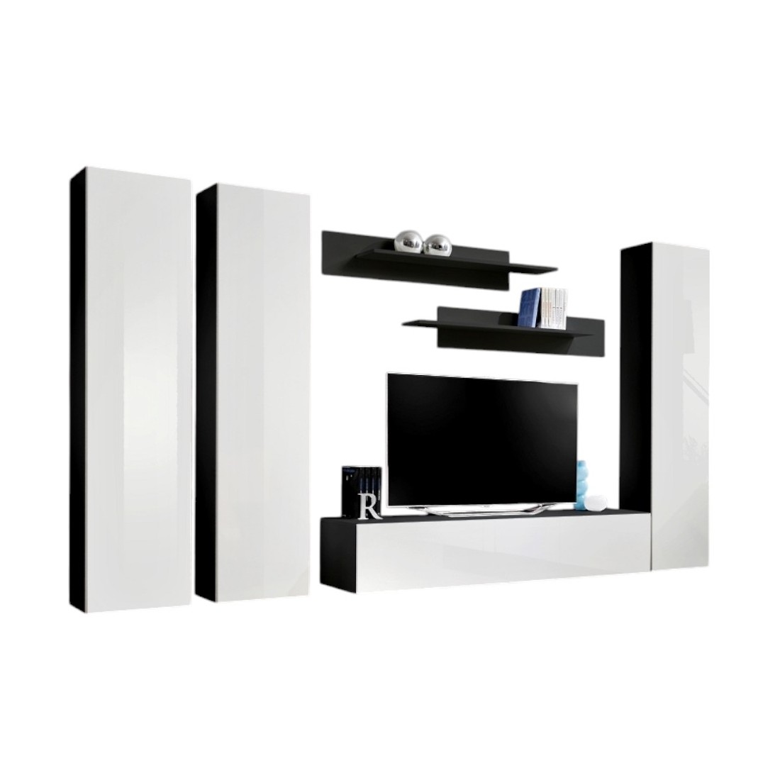 Meuble TV FLY C1 design, coloris noir et blanc brillant. Meuble suspendu moderne et tendance pour votre salon.