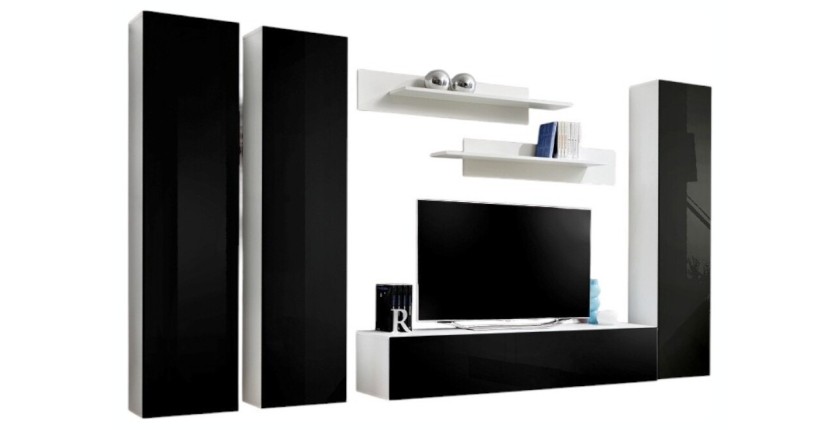 Meuble TV FLY C1 design, coloris blanc et noir brillant. Meuble suspendu moderne et tendance pour votre salon.
