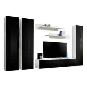 Meuble TV FLY C1 design, coloris blanc et noir brillant. Meuble suspendu moderne et tendance pour votre salon.