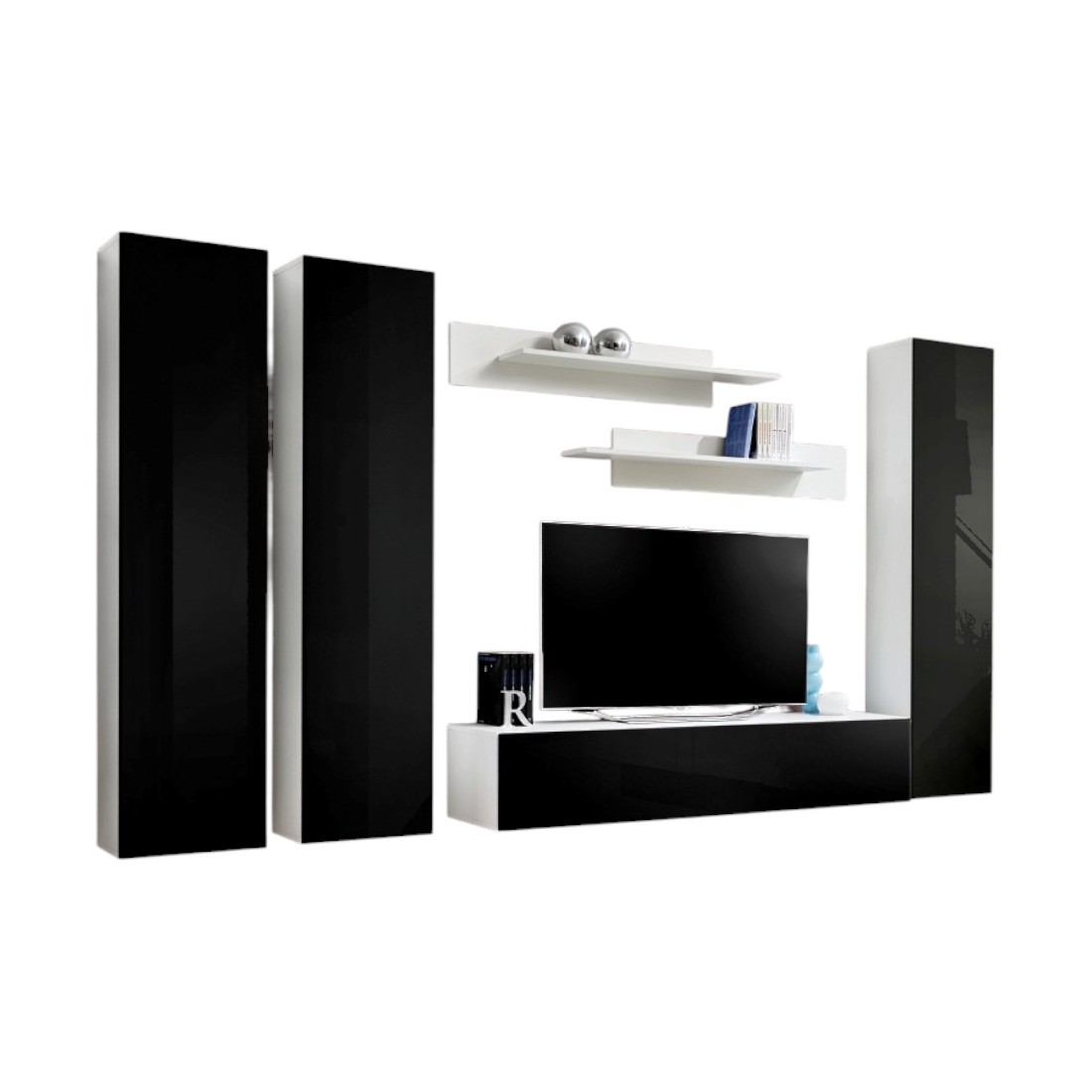 Meuble TV FLY C1 design, coloris blanc et noir brillant. Meuble suspendu moderne et tendance pour votre salon.
