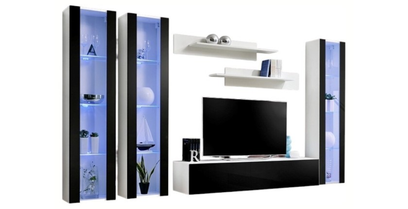 Meuble TV suspendu - FLY A4 - Couleur blanc et noir brillant.