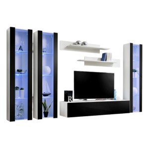 Meuble TV suspendu - FLY A4 - Couleur blanc et noir brillant.