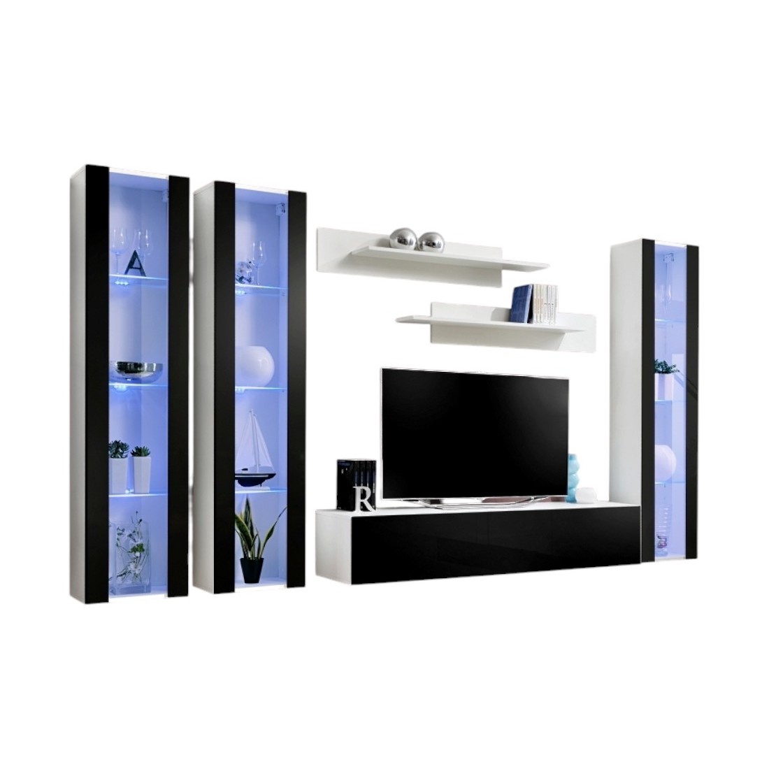 Meuble TV suspendu - FLY A4 - Couleur blanc et noir brillant.