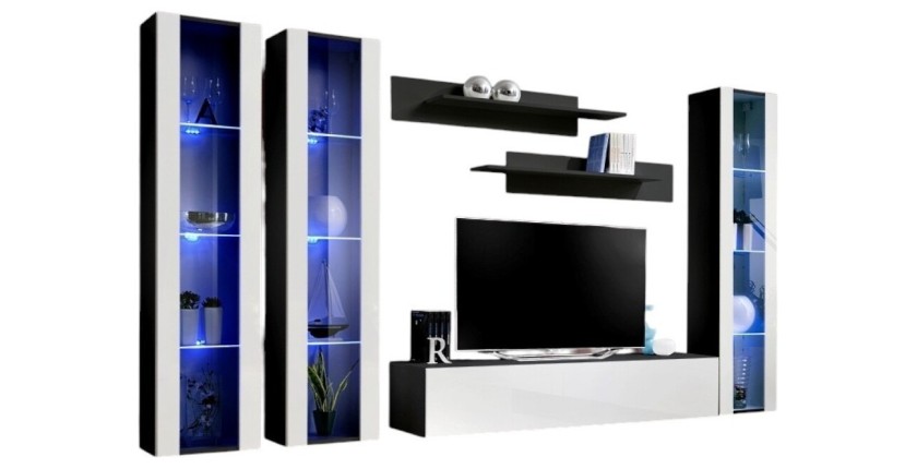 Meuble TV FLY C2 design, coloris noir et blanc brillant. Meuble suspendu moderne et tendance pour votre salon.