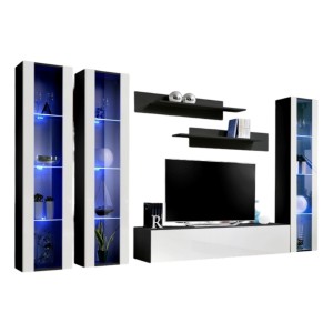 Meuble TV FLY C2 design, coloris noir et blanc brillant. Meuble suspendu moderne et tendance pour votre salon.