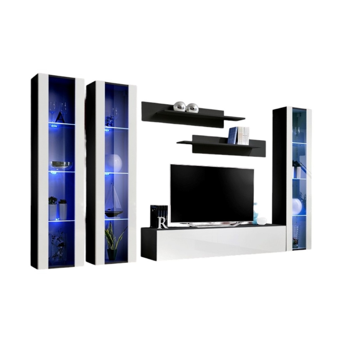 Meuble TV FLY C2 design, coloris noir et blanc brillant. Meuble suspendu moderne et tendance pour votre salon.