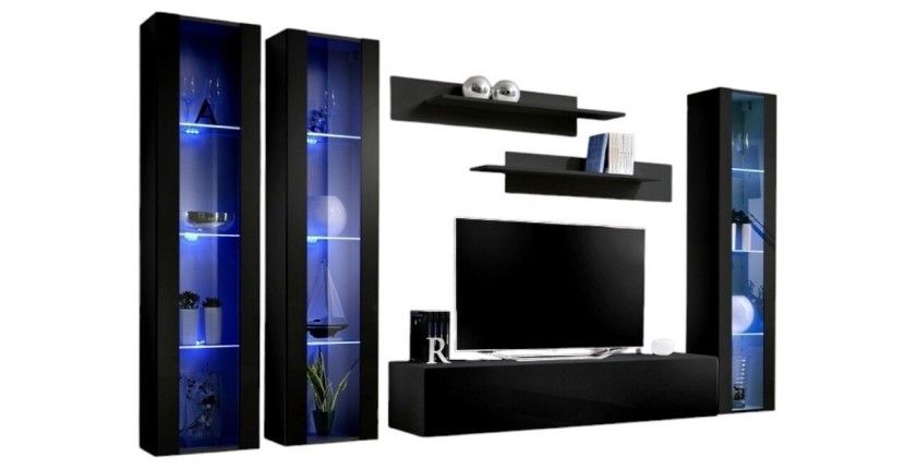 Meuble TV FLY C2 design, coloris noir brillant. Meuble suspendu moderne et tendance pour votre salon.