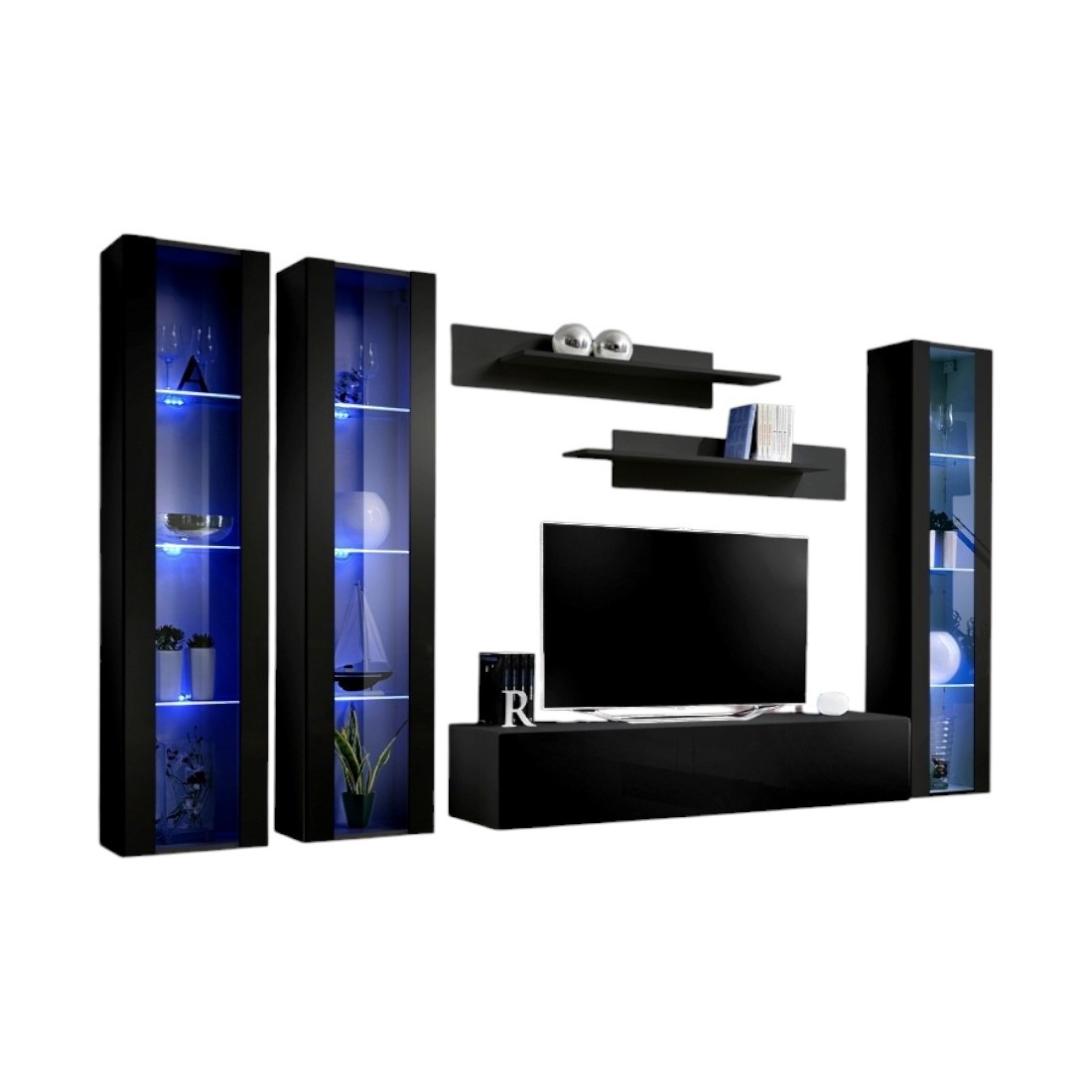 Meuble TV FLY C2 design, coloris noir brillant. Meuble suspendu moderne et tendance pour votre salon.