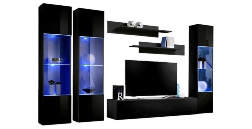 Meuble TV FLY C3 design, coloris noir brillant. Meuble suspendu moderne et tendance pour votre salon.