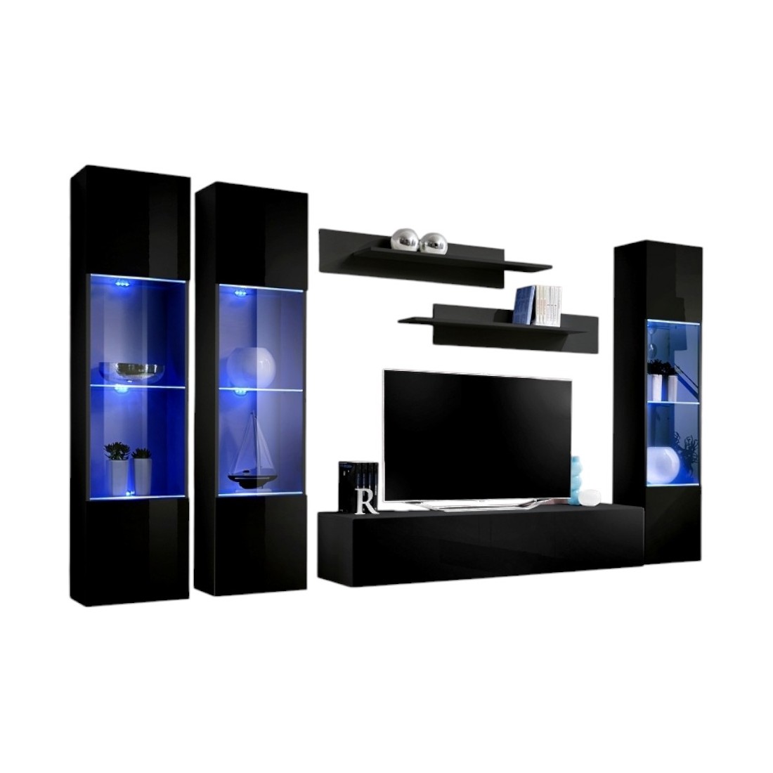 Meuble TV FLY C3 design, coloris noir brillant. Meuble suspendu moderne et tendance pour votre salon.