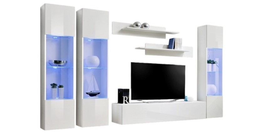 TV-Möbel FLY C3 Design, in glänzendem Weiß. Modernes und trendiges Hängemöbel für Ihr Wohnzimmer.