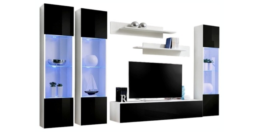 Meuble TV FLY C3 design, coloris blanc et noir brillant. Meuble suspendu moderne et tendance pour votre salon.