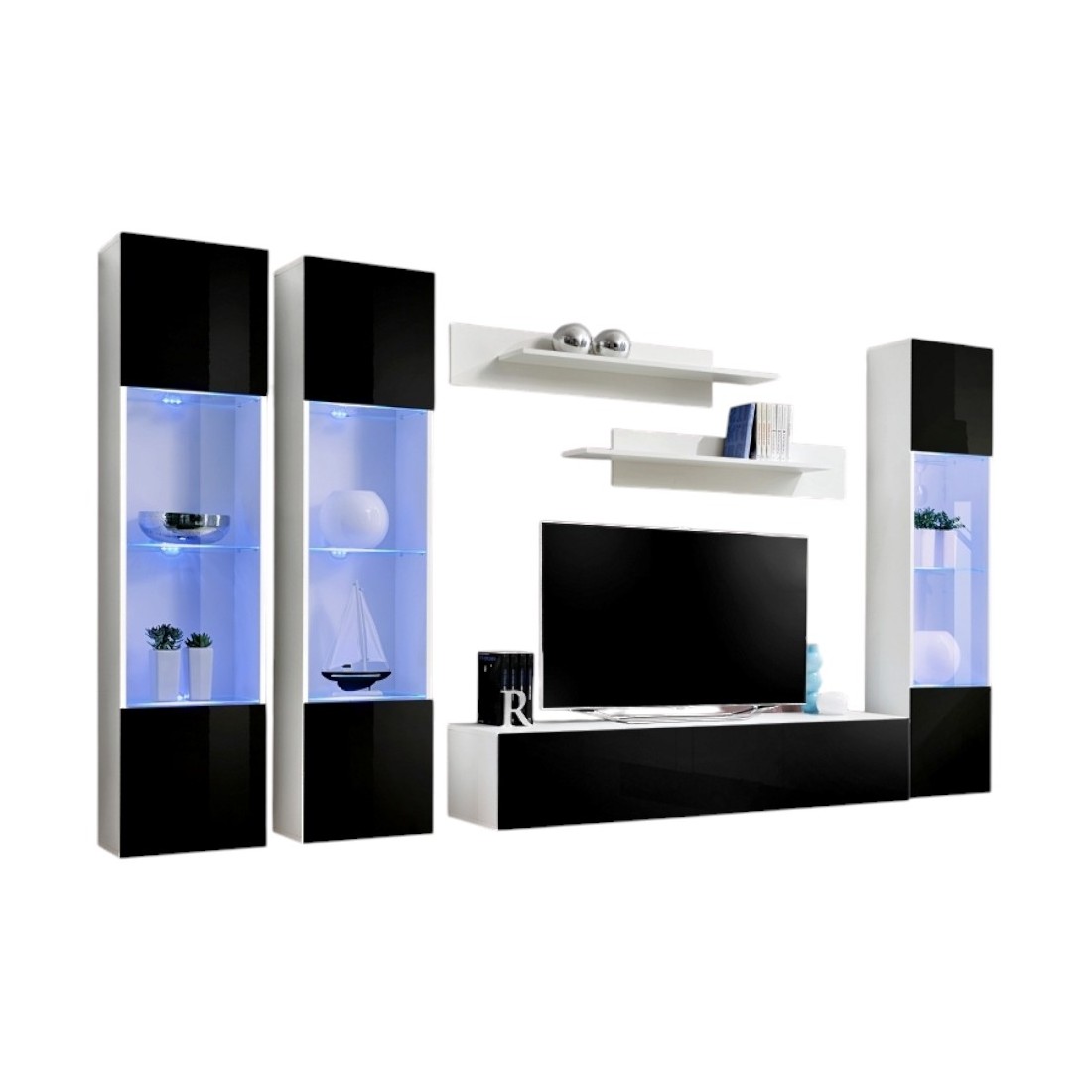 Meuble TV FLY C3 design, coloris blanc et noir brillant. Meuble suspendu moderne et tendance pour votre salon.