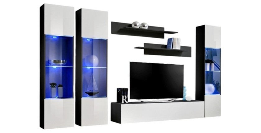 Meuble TV FLY C3 design, coloris noir et blanc brillant. Meuble suspendu moderne et tendance pour votre salon.