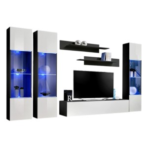 Meuble TV FLY C3 design, coloris noir et blanc brillant. Meuble suspendu moderne et tendance pour votre salon.
