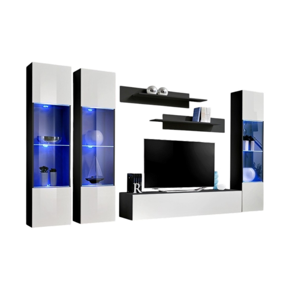 Meuble TV FLY C3 design, coloris noir et blanc brillant. Meuble suspendu moderne et tendance pour votre salon.