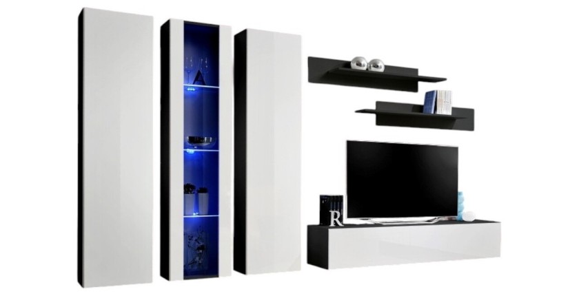 Meuble TV FLY C4 design, coloris noir et blanc brillant. Meuble suspendu moderne et tendance pour votre salon.