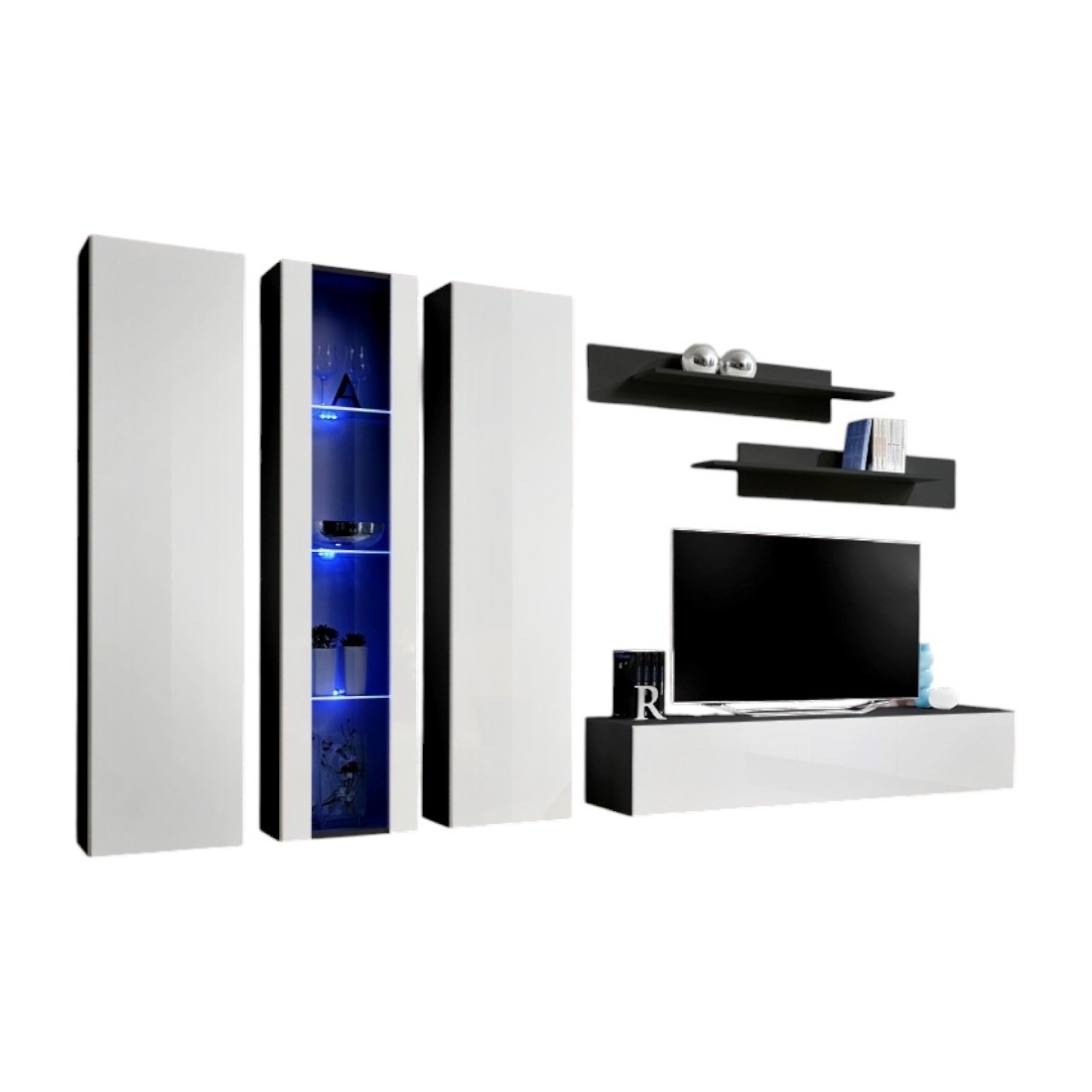 Meuble TV FLY C4 design, coloris noir et blanc brillant. Meuble suspendu moderne et tendance pour votre salon.