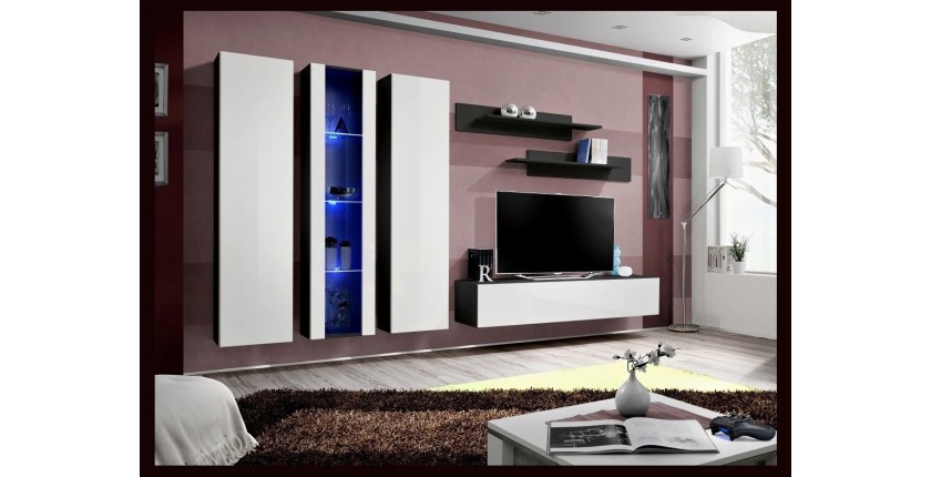 Meuble TV FLY C4 design, coloris noir et blanc brillant. Meuble suspendu moderne et tendance pour votre salon.