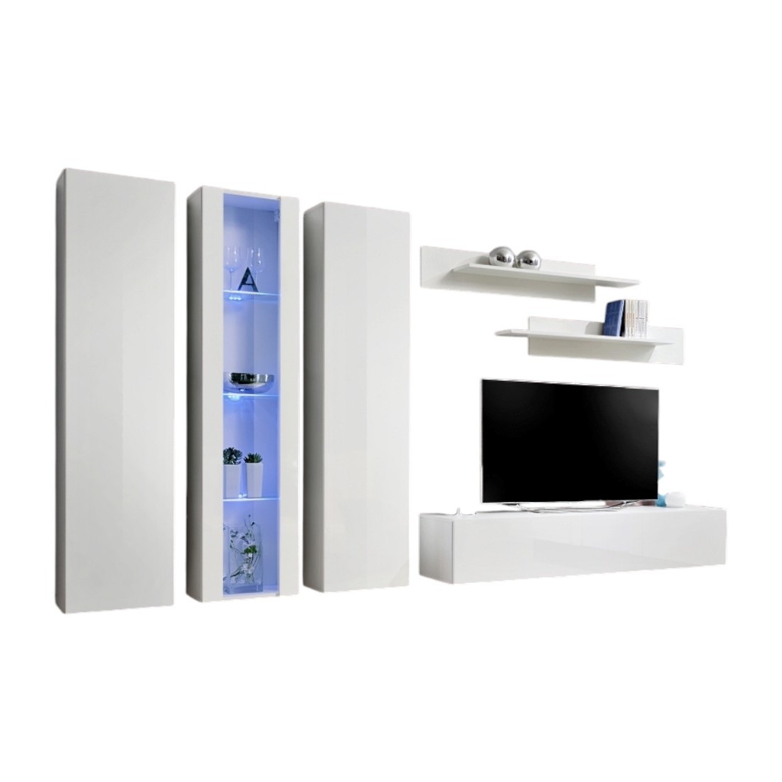 Meuble TV FLY C4 design, coloris blanc brillant. Meuble suspendu moderne et tendance pour votre salon.