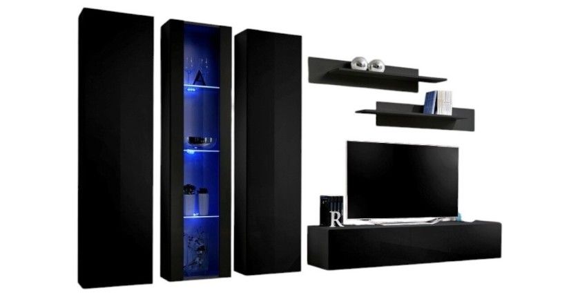 Meuble TV FLY C4 design, coloris noir brillant. Meuble suspendu moderne et tendance pour votre salon.