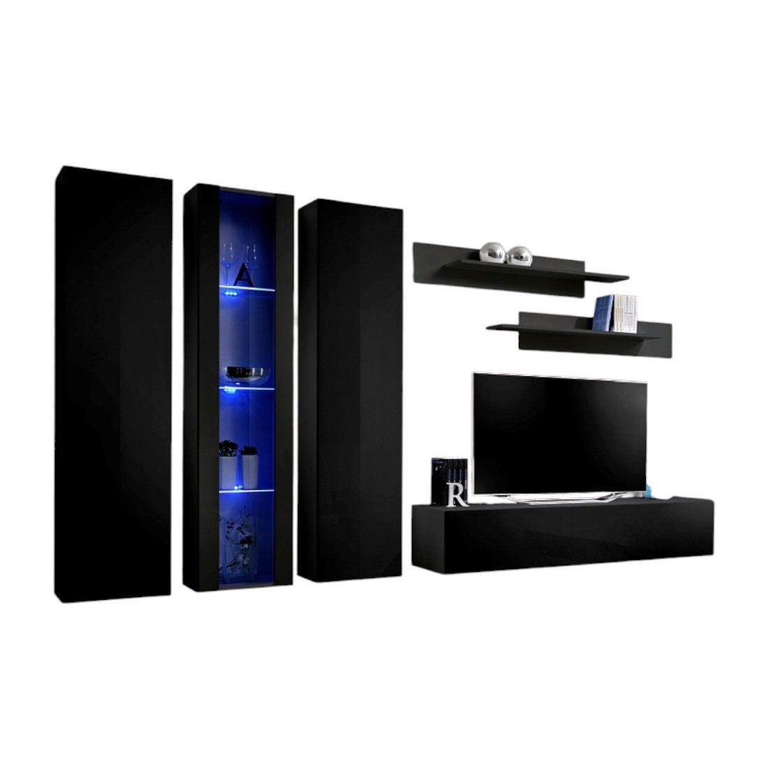 Meuble TV FLY C4 design, coloris noir brillant. Meuble suspendu moderne et tendance pour votre salon.