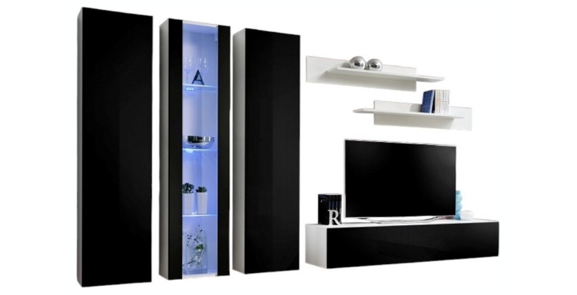 Meuble TV FLY C4 design, coloris blanc et noir brillant. Meuble suspendu moderne et tendance pour votre salon.