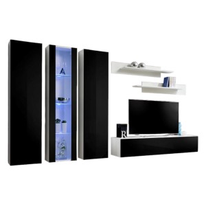 Meuble TV FLY C4 design, coloris blanc et noir brillant. Meuble suspendu moderne et tendance pour votre salon.
