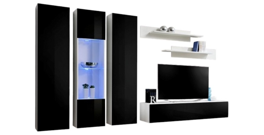 Meuble TV FLY C5 design, coloris blanc et noir brillant. Meuble suspendu moderne et tendance pour votre salon.