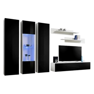 Meuble TV FLY C5 design, coloris blanc et noir brillant. Meuble suspendu moderne et tendance pour votre salon.