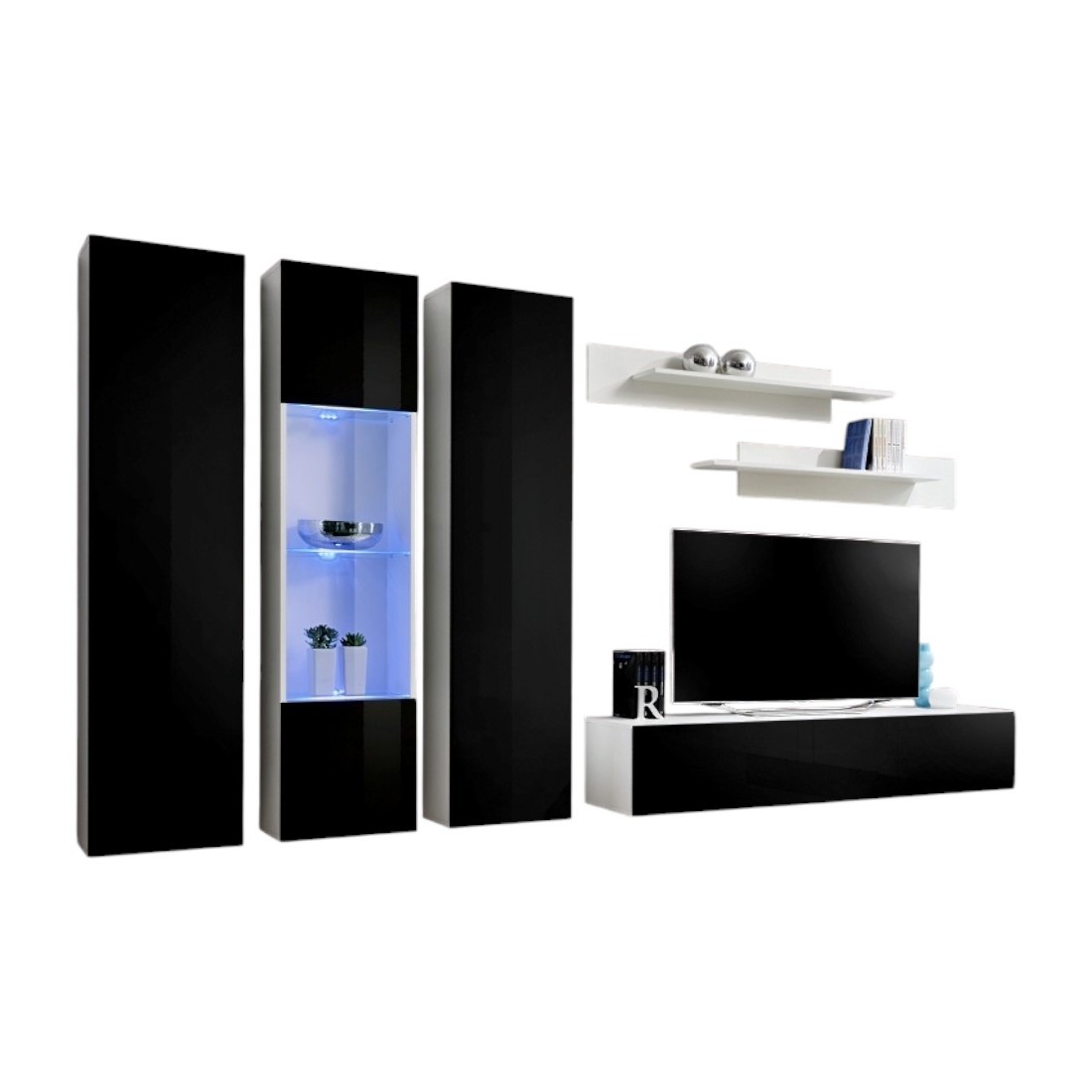 Meuble TV FLY C5 design, coloris blanc et noir brillant. Meuble suspendu moderne et tendance pour votre salon.