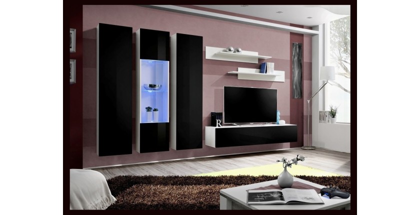 Meuble TV FLY C5 design, coloris blanc et noir brillant. Meuble suspendu moderne et tendance pour votre salon.
