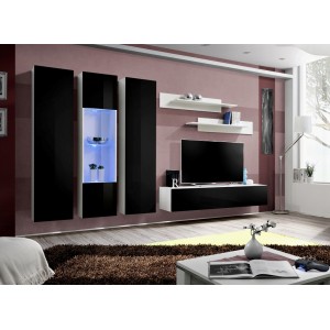 Meuble TV FLY C5 design, coloris blanc et noir brillant. Meuble suspendu moderne et tendance pour votre salon.