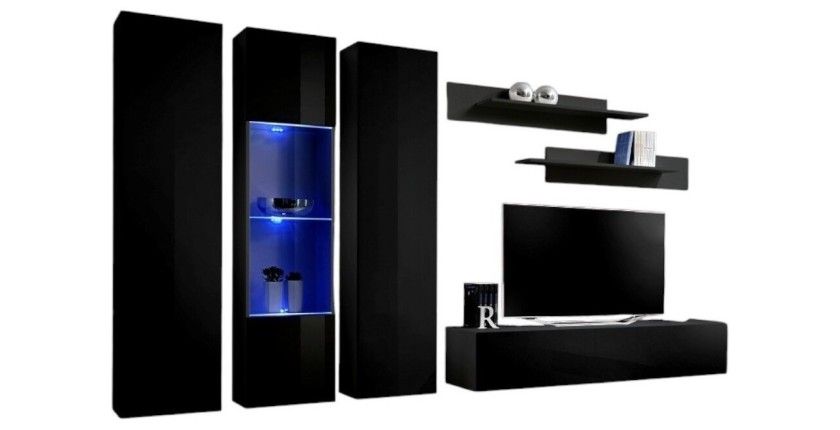 Meuble TV FLY C5 design, coloris noir brillant. Meuble suspendu moderne et tendance pour votre salon.