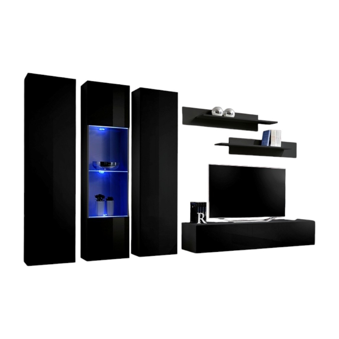 Meuble TV FLY C5 design, coloris noir brillant. Meuble suspendu moderne et tendance pour votre salon.